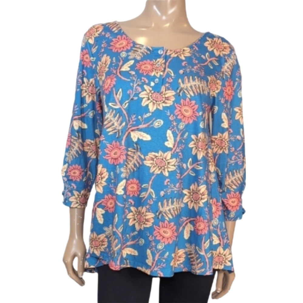 Simply Noelle Floral Tunic Blouse Womens Small Medium Strappy Long Sleeve Swing